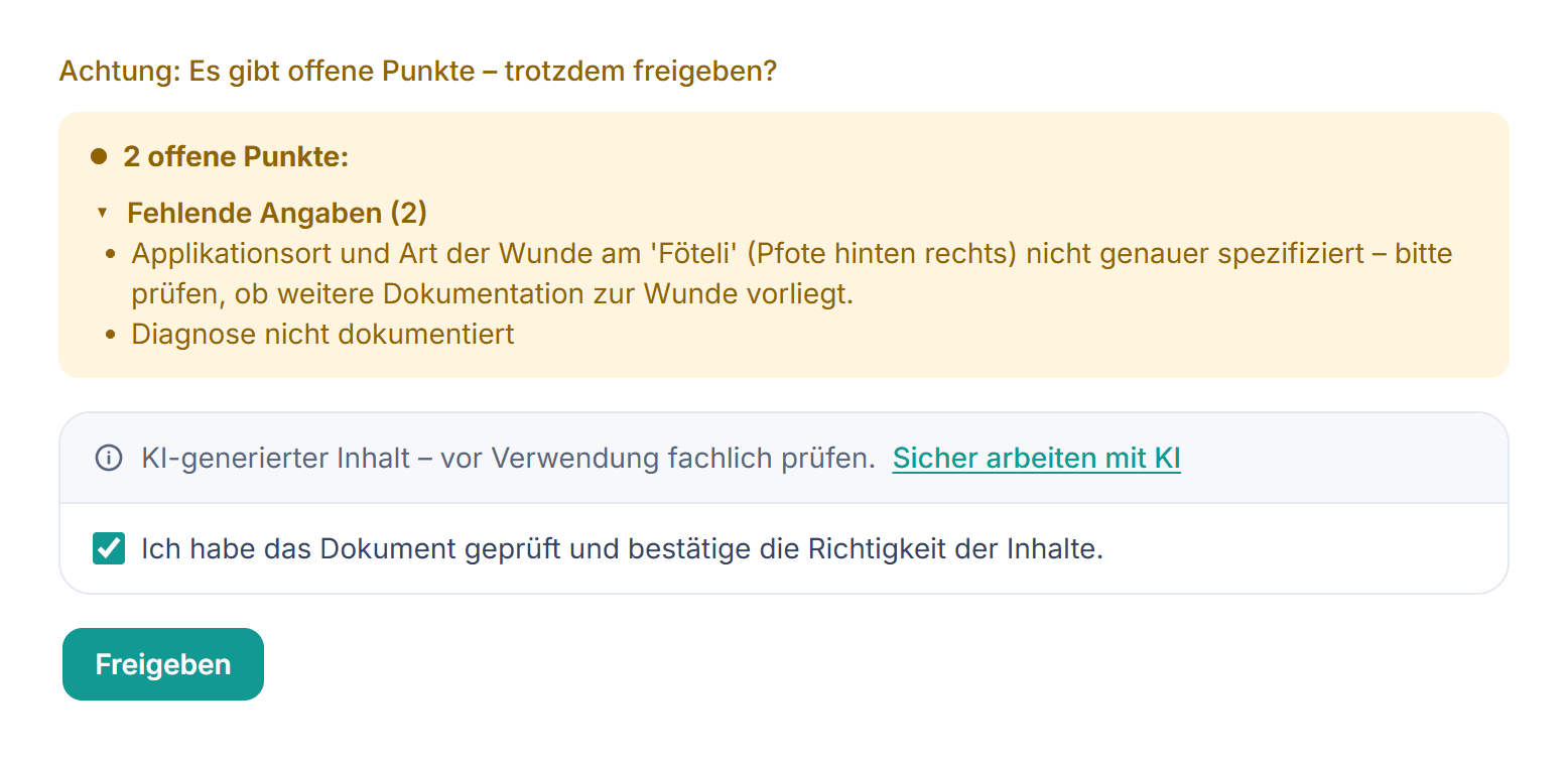 Klinova zeigt zwei offene Punkte im Bericht. Die Tierärztin bestätigt ihre Prüfung und gibt das Dokument frei.