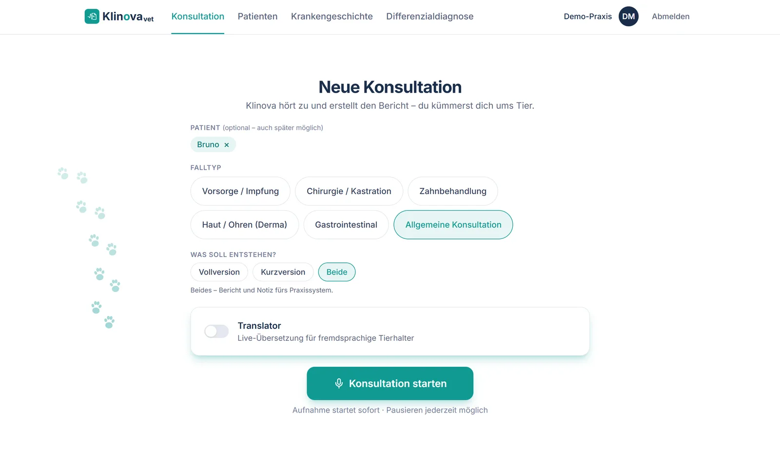 Neue Konsultation in Klinova: Patient Bruno, Falltyp Allgemeine Konsultation und die Wahl Was soll entstehen mit aktiver Schaltfläche Beide, dazu der Übersetzer-Schalter und der Knopf Konsultation starten