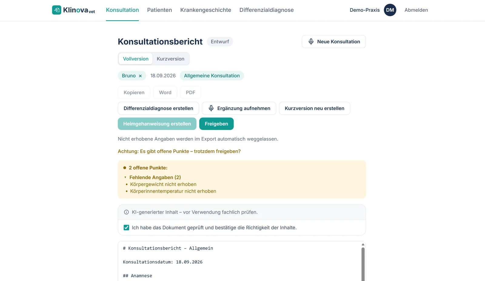 Bericht vor der Freigabe: angehakte Prüfbestätigung, Freigeben-Knopf und Vollständigkeits-Check