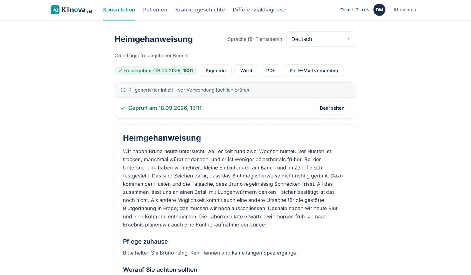 Freigegebene Heimgehanweisung für Bruno mit Sprachauswahl, Export-Aktionen und Prüfbestätigung